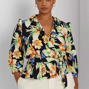 Ralph Lauren Floral Top Women's Plus Size 3X Ruffle V-Neck Peplum Self Tie